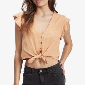 NWOT Roxy Orange Sweeter Kind Crop Top Linen Blend Tie‎ Front Ruffle Blouse L